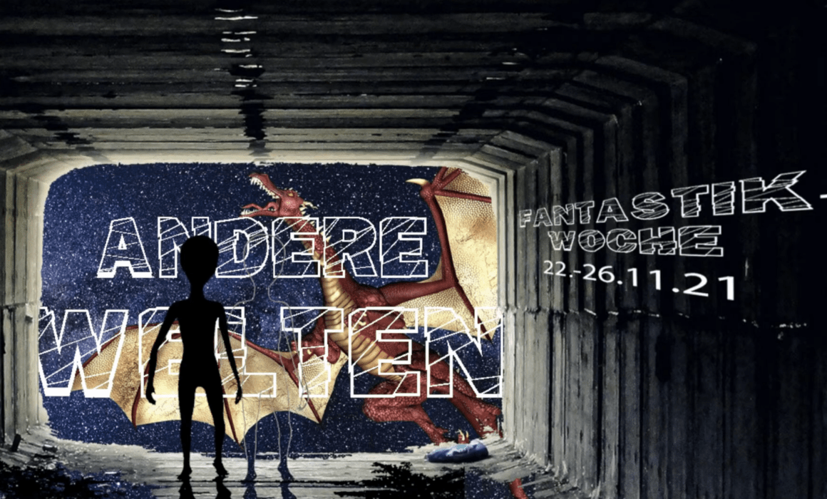 Logo der Videos zur Fantastik-Woche: ein Alien steht vor einem Drachen