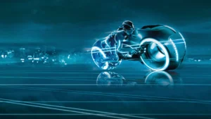 Bike aus dem Film Tron Legacy, der Fahrer liegt auf dem Motorrad